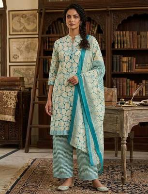 Teal printed cotton blend stitched abstract print salwar kurta dupatta for women 4