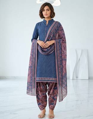 Blue printed cotton blend stitched floral print salwar kurta dupatta for women 4