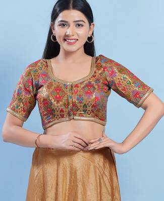 Women's brocade padded front open elbow sleeves saree blouse 1