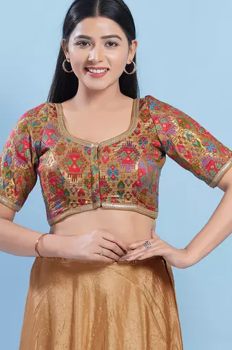 Women's brocade padded front open elbow sleeves saree blouse