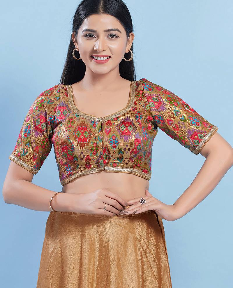 Women's brocade padded front open elbow sleeves saree blouse