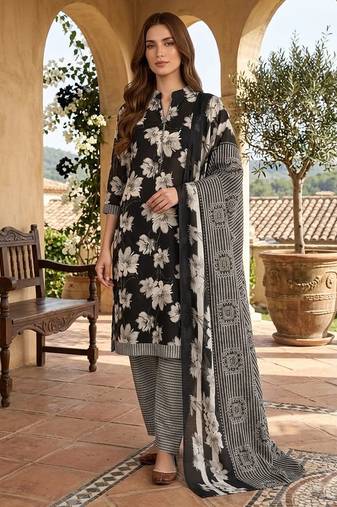 Black printed cotton blend stitched floral print salwar kurta dupatta for women