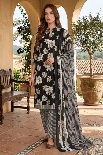 Black printed cotton blend stitched floral print salwar kurta dupatta for women