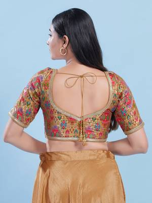 Women's brocade padded front open elbow sleeves saree blouse 2