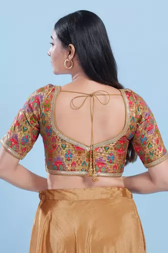Women's brocade padded front open elbow sleeves saree blouse