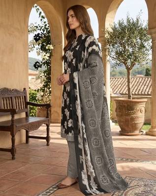 Black printed cotton blend stitched floral print salwar kurta dupatta for women 2