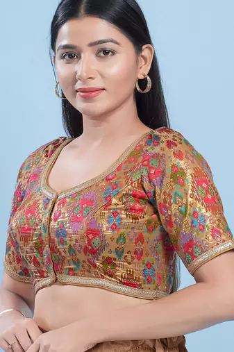 Women's brocade padded front open elbow sleeves saree blouse