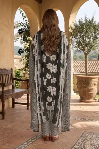 Black printed cotton blend stitched floral print salwar kurta dupatta for women