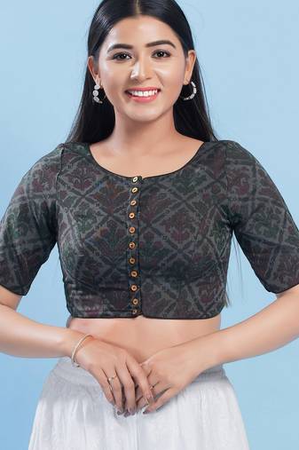 Women's cotton padded front open elbow sleeves saree blouse