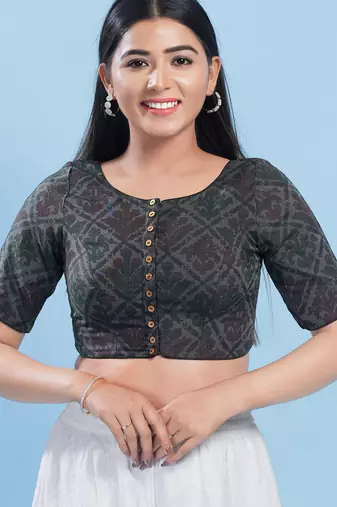Women's cotton padded front open elbow sleeves saree blouse