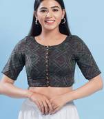 Women's cotton padded front open elbow sleeves saree blouse