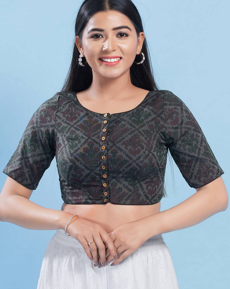Women's cotton padded front open elbow sleeves saree blouse