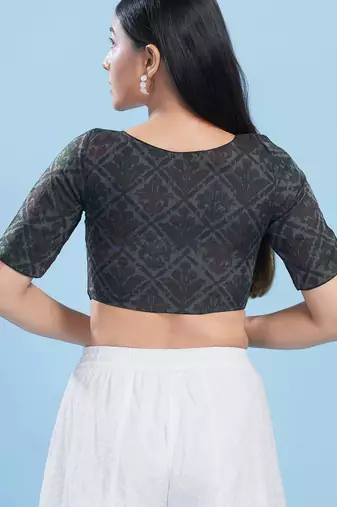 Women's cotton padded front open elbow sleeves saree blouse