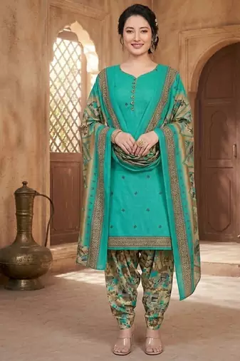 Teal printed cotton blend stitched floral print salwar kurta dupatta for women