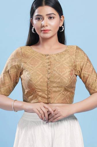 Women's cotton padded front open elbow sleeves saree blouse