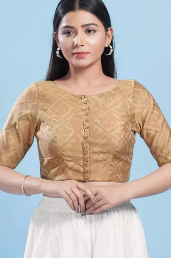 Women's cotton padded front open elbow sleeves saree blouse