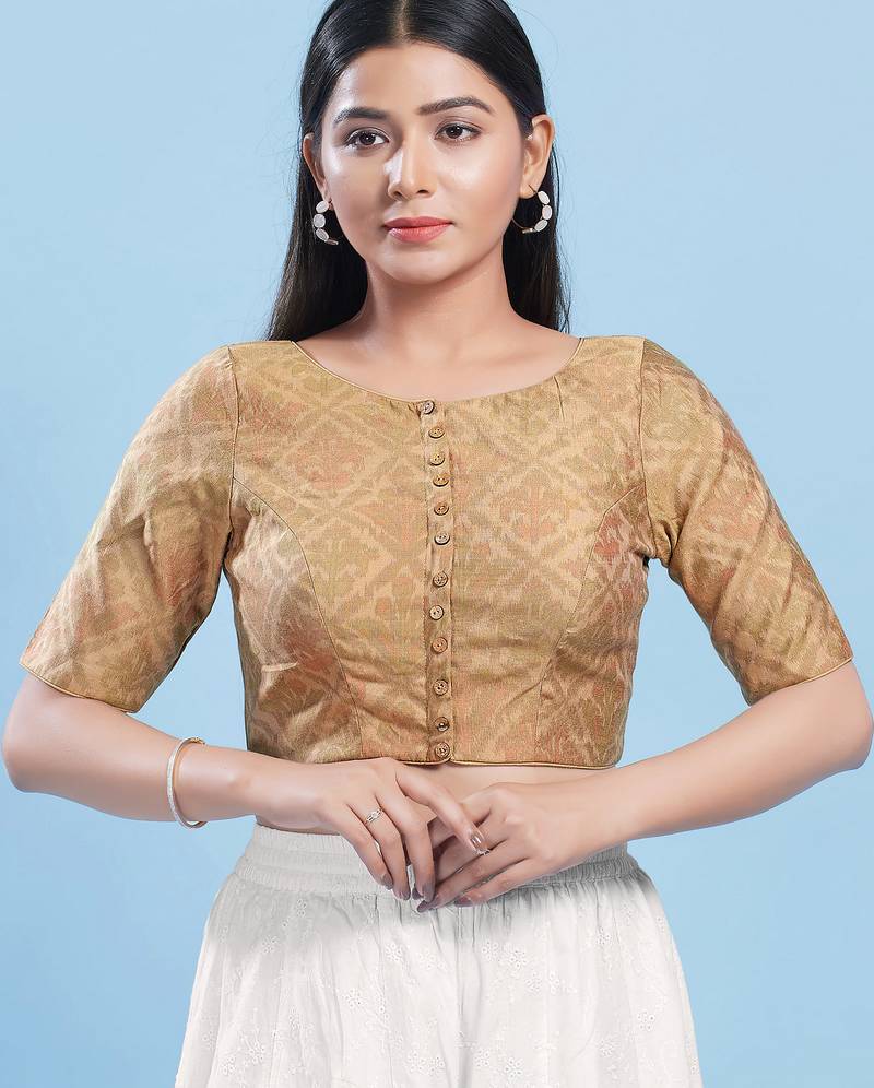 Women's cotton padded front open elbow sleeves saree blouse