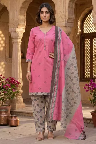 Pink printed cotton blend stitched floral print salwar kurta dupatta for women