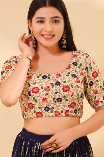 Women's dupion silk padded back open elbow sleeves saree blouse