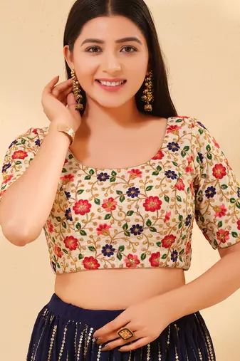Women's dupion silk padded back open elbow sleeves saree blouse