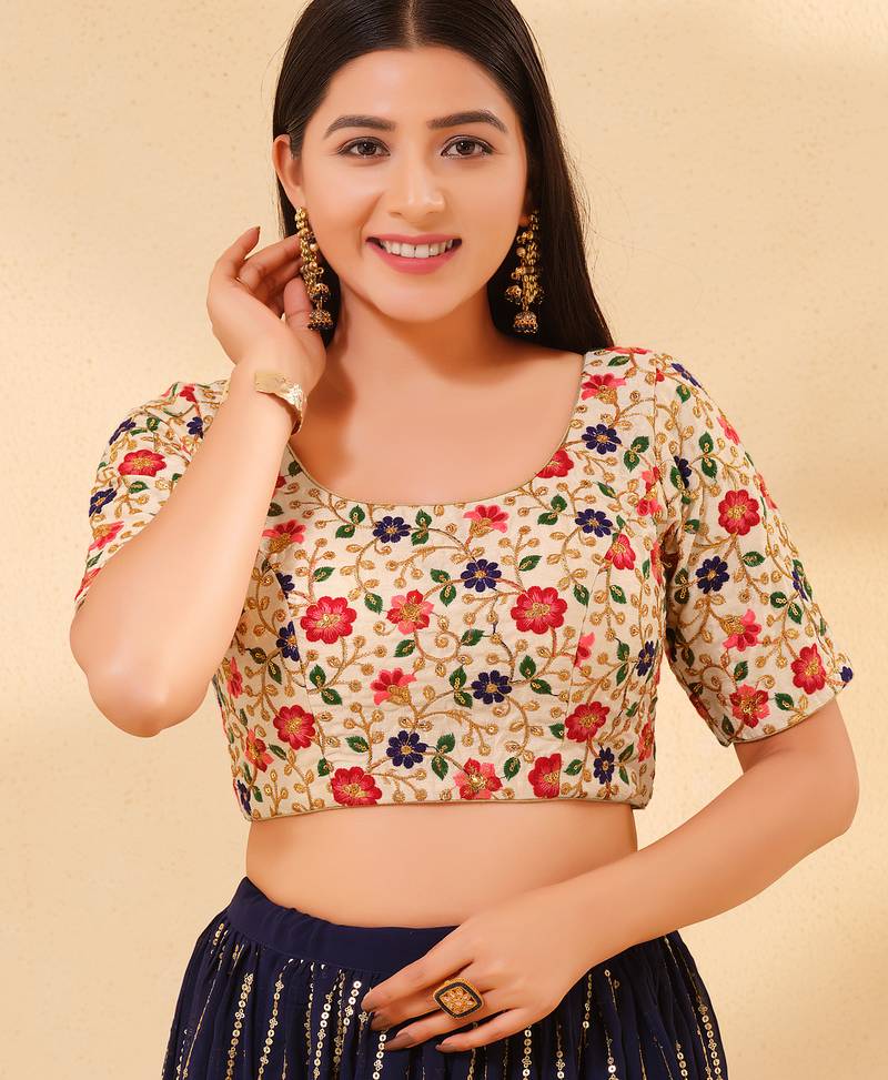 Women's dupion silk padded back open elbow sleeves saree blouse