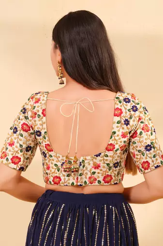 Women's dupion silk padded back open elbow sleeves saree blouse