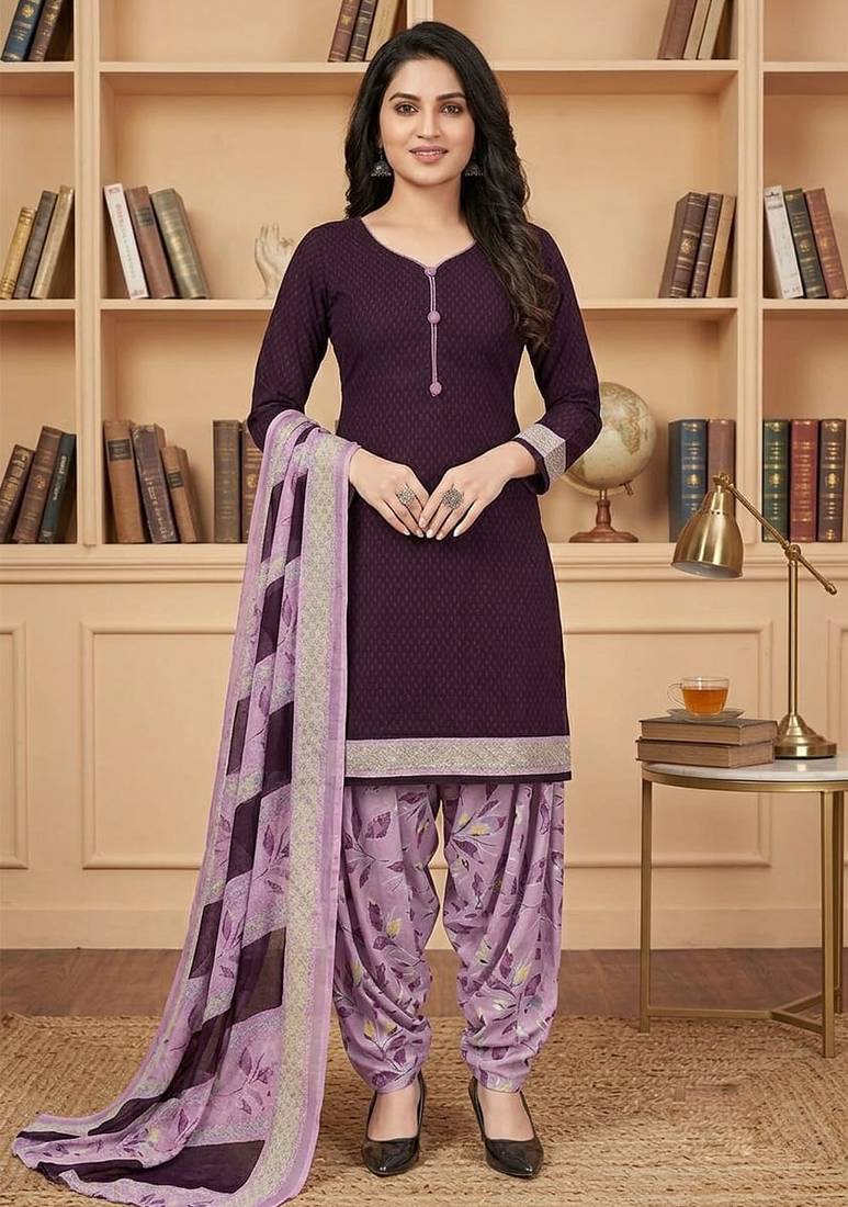 Purple printed cotton blend stitched floral print salwar kurta dupatta for women