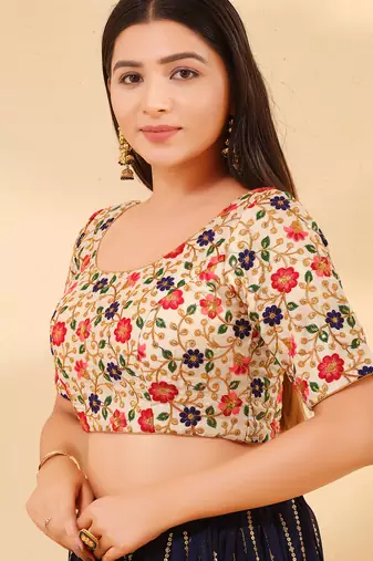 Women's dupion silk padded back open elbow sleeves saree blouse