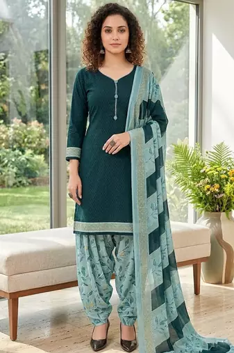 Teal printed cotton blend stitched floral print salwar kurta dupatta for women