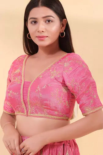 Women's silk padded back open elbow sleeves saree blouse