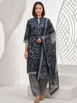 Blue printed cotton blend stitched abstract print salwar kurta dupatta for women 4