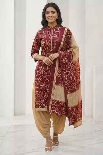Red printed cotton blend stitched abstract print salwar kurta dupatta for women