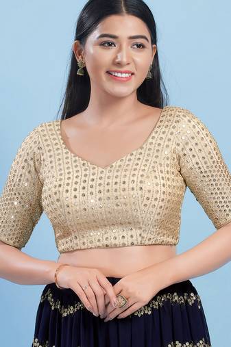 Women's silk padded back open elbow sleeves saree blouse