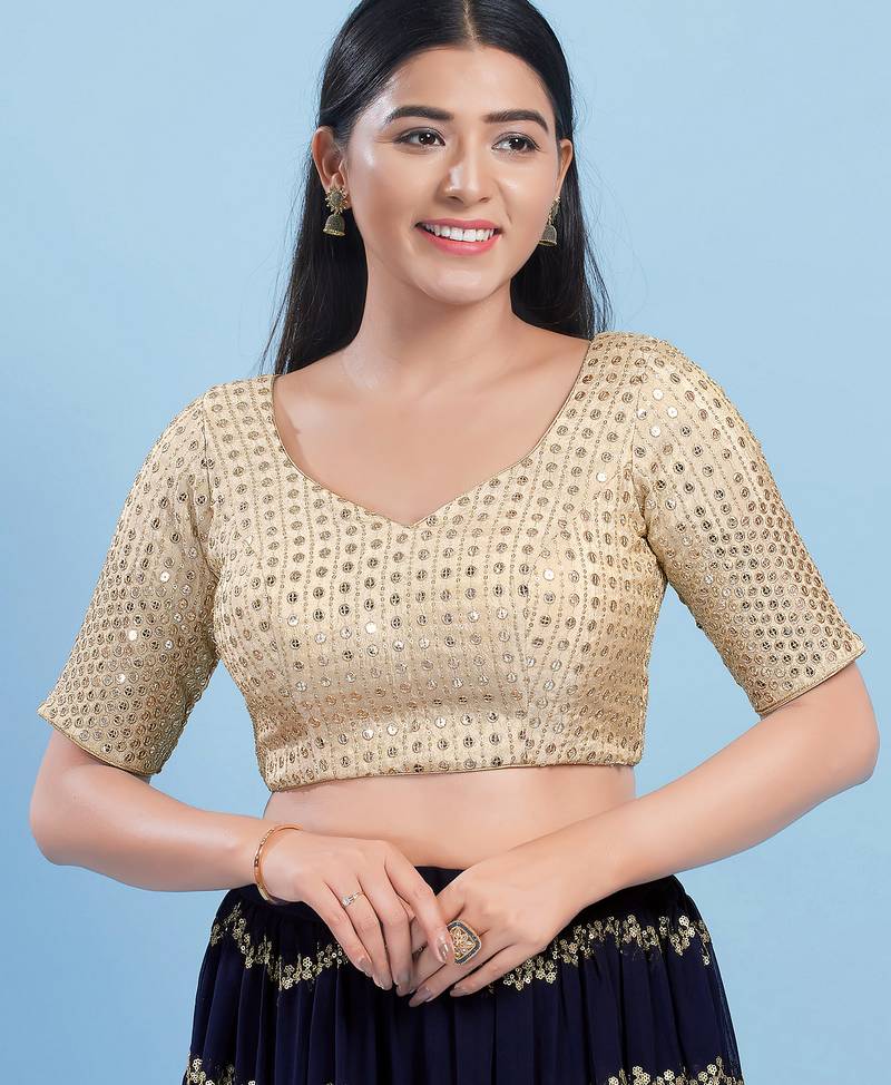 Women's silk padded back open elbow sleeves saree blouse