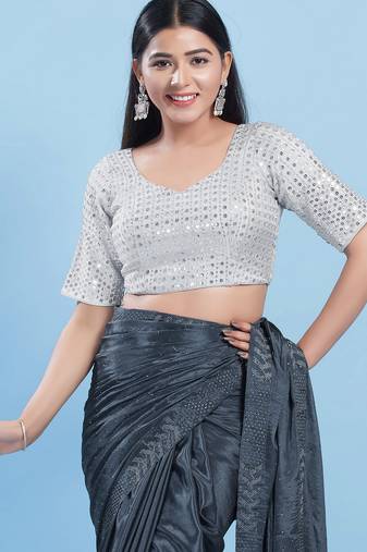Women's silk padded back open elbow sleeves saree blouse