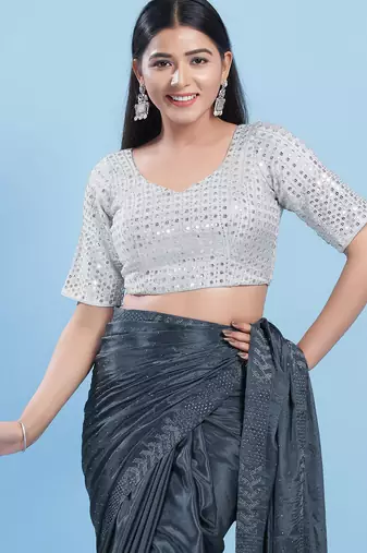 Women's silk padded back open elbow sleeves saree blouse