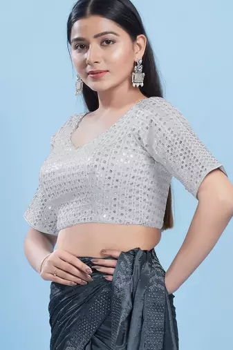 Women's silk padded back open elbow sleeves saree blouse