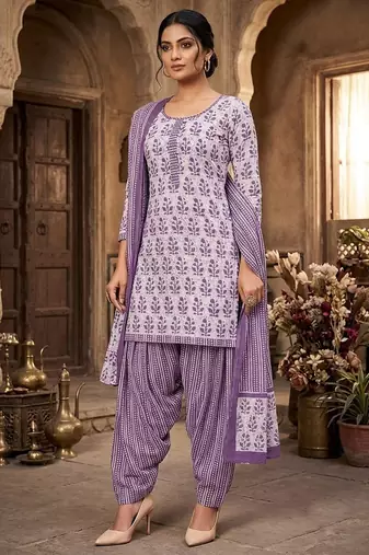 Purple printed cotton blend stitched floral print salwar kurta dupatta for women