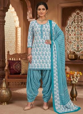 Blue printed cotton blend stitched floral print salwar kurta dupatta for women 4