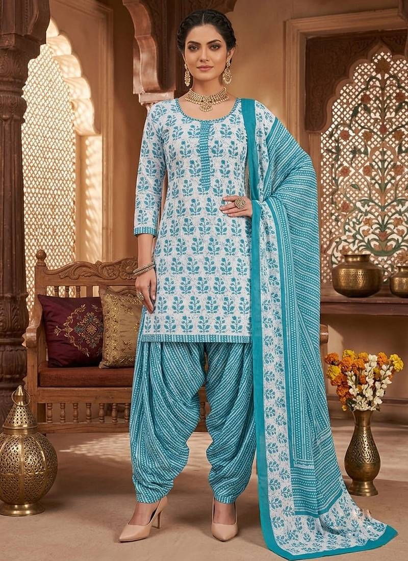 Blue printed cotton blend stitched floral print salwar kurta dupatta for women
