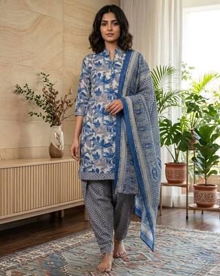 Blue printed cotton blend stitched floral print salwar kurta dupatta for women 4
