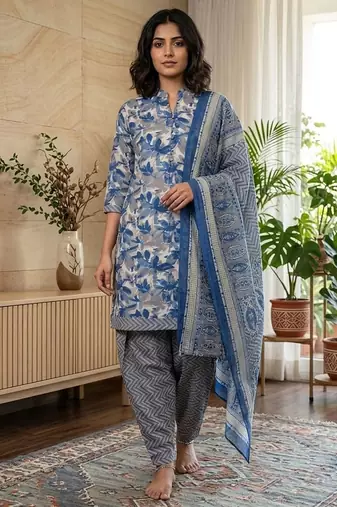 Blue printed cotton blend stitched floral print salwar kurta dupatta for women