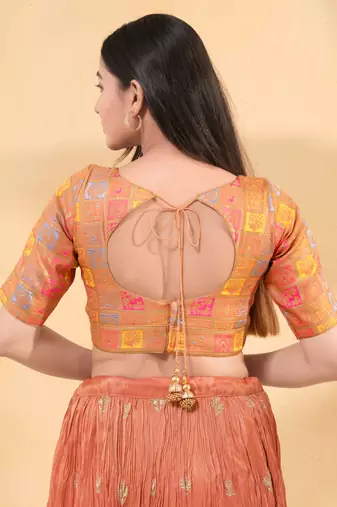 Women's brocade padded back open elbow sleeves saree blouse