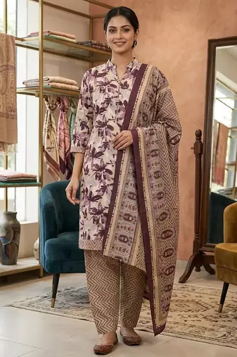 Purple printed cotton blend stitched floral print salwar kurta dupatta for women