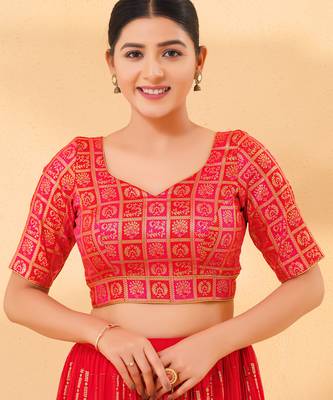 Women's brocade padded back open elbow sleeves saree blouse 1