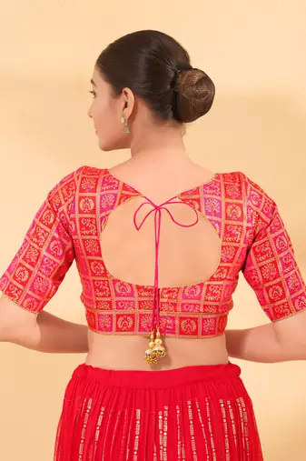 Women's brocade padded back open elbow sleeves saree blouse