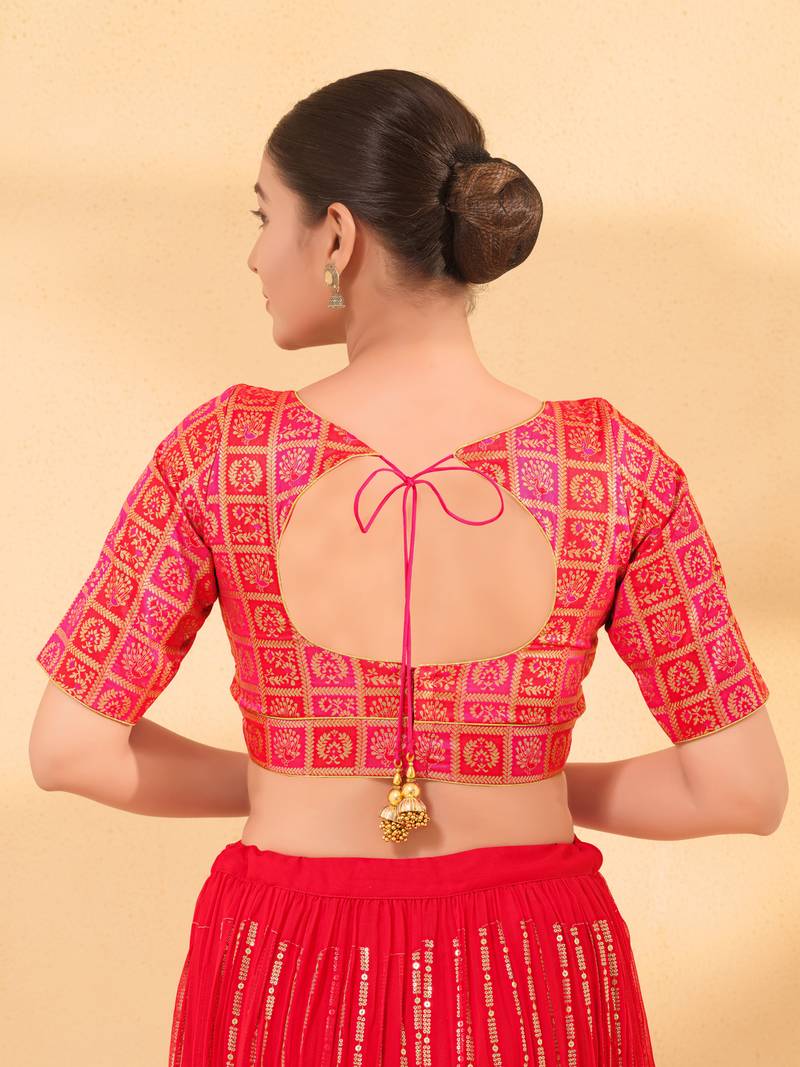 Women's brocade padded back open elbow sleeves saree blouse