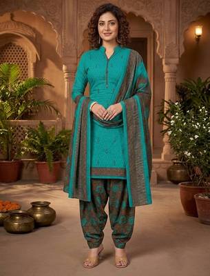 Teal printed cotton blend stitched floral print salwar kurta dupatta for women 5