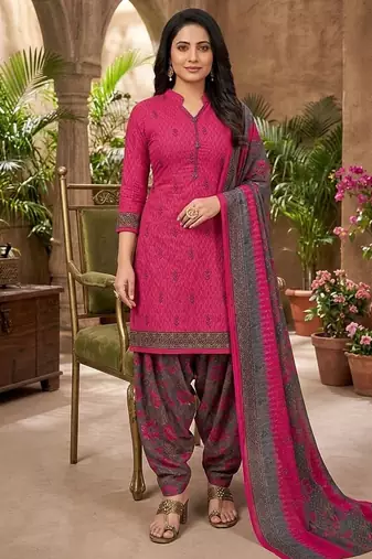 Pink printed cotton blend stitched floral print salwar kurta dupatta for women
