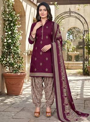 Wine printed cotton blend stitched geometric print salwar kurta dupatta for women 4
